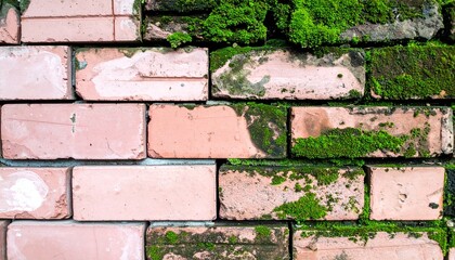 ランダムに配置されたグリーンモスがピンク系レンガに自然なアクセントを加え、ヴィンテージとナチュラルが交差する温かい壁面

