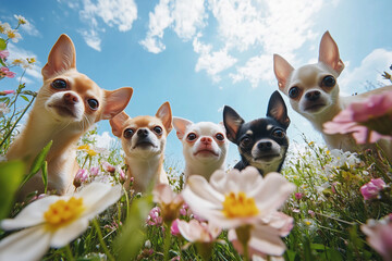 chihuahua puppy and flowers. cat and flowers. cat and kitten. Cats looking down into the camera, perspective from below. Outdoor photography. Soft natural daylight