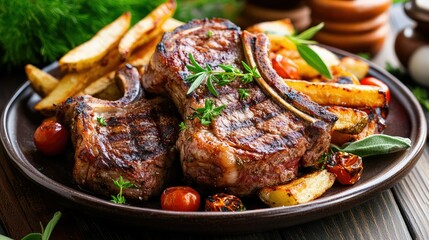 Rich and savory grilled steak with thick-cut fries, garnished with herbs on a ceramic plate