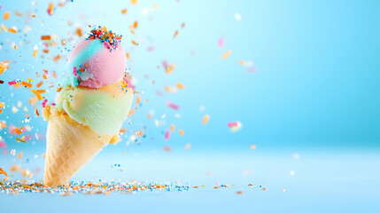 A vibrant double scoop ice cream cone, pastel pink, yellow, and green, is adorned with colorful sprinkles in mid-air against a light blue backdrop
