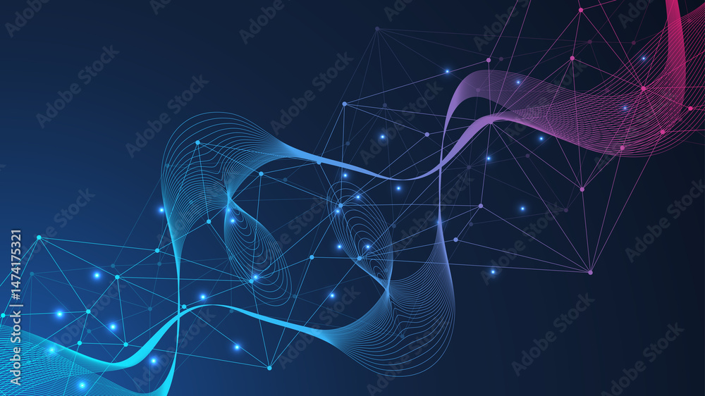 Poster geometric abstract background with connected line and dots. structure molecule and communication. bi