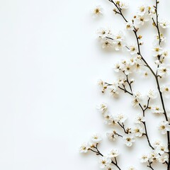 Delicate white blossoms on branches against a pristine white backdrop.  A spring scene
