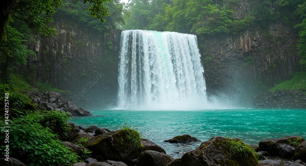 Poster a waterfall is flowing into a lake with a green color