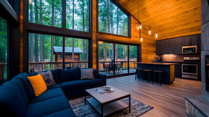 Naklejka premium Modern cabin interior with expansive windows, wood accents, and open floor plan