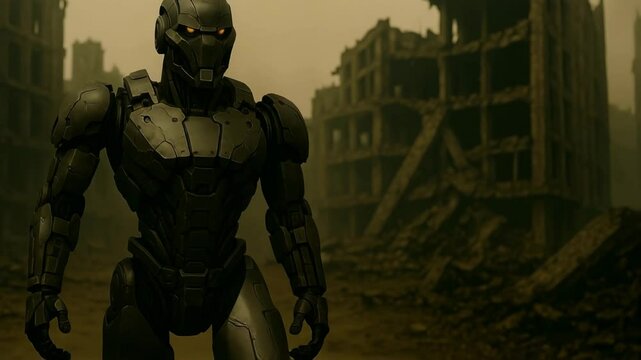  A highly advanced robot walking through a ruined warzone