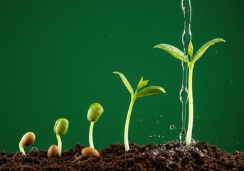 Plant growth stages being watered on white background