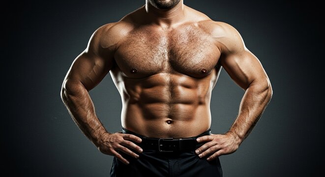 A man with a muscular chest and arms stands with his hands on his hips