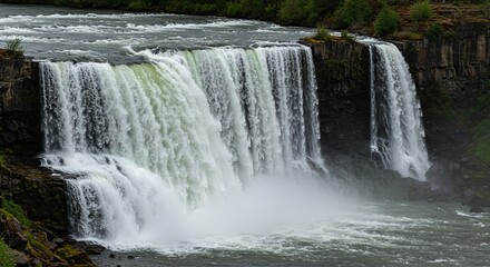 A waterfall with a greenish tint