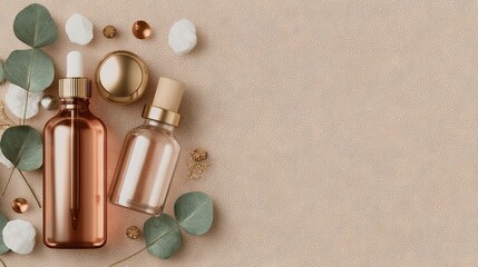 A banner mockup for a beauty blog features a frame made of natural, organic cosmetic bottle containers, complemented by green herbal leaves on a soft pastel beige background, conveying a natural