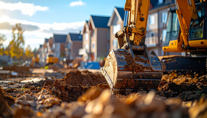 Fototapeta premium Excavation action at residential construction site urban environment close-up view of machinery