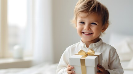 Adorable Child Holding Gift Box with Golden Ribbon in Bright Cozy Room