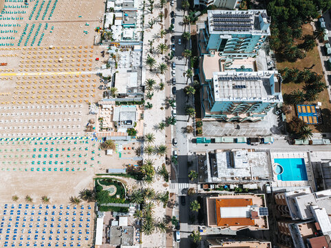 Aerial View of San Benedetto Beachfront with Colorful Umbrellas