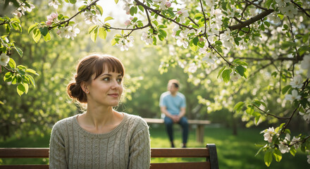 Naklejka premium Woman smiling in a blooming garden with a seated man in background 