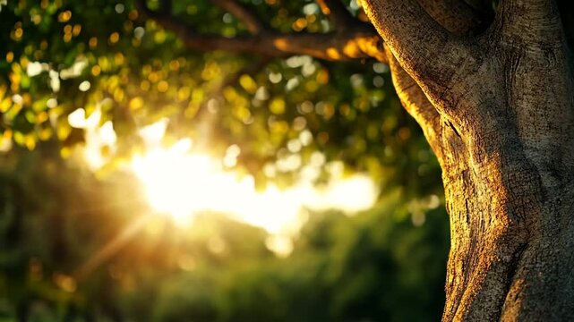 Sunlight filters through lush green leaves, highlighting the textured bark of a sturdy tree