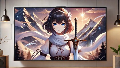 Anime Girl with Sword in Mountain Landscape 3D Illustration