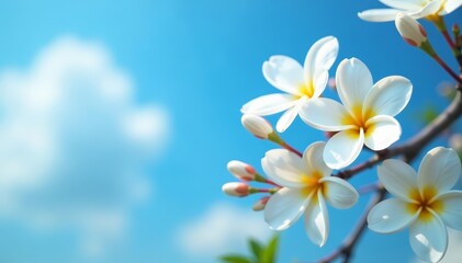 Fototapeta premium Close-up of delicate jasmine flowers against a vibrant blue sky background, beauty, nature, fragrance