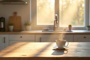 Warm morning sunlight streams through kitchen window illuminating steaming coffee cup perfect start to the day
