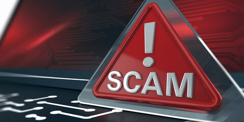 Red triangular warning sign with "SCAM" and exclamation mark on digital background, symbolizing online fraud and cyber security threat