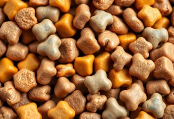 Obraz premium Close-up of dog food kibble, various shapes and sizes, dog chow, canine