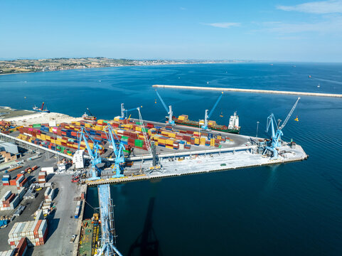 Aerial View of Ancona Port With Cargo Containers and Cranes