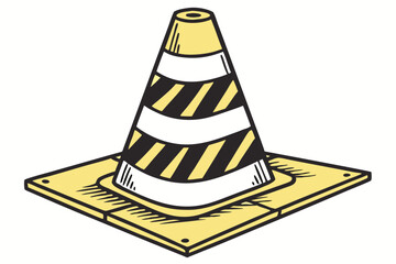 142 construction cone, highway safety, road hazard, traffic divider, caution symbol, construction site, industrial design, geometric shapes, bright yellow, black stripes, safety icon