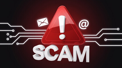 Red warning triangle with exclamation mark, email symbol and at sign, overlaid on circuit board, with "SCAM" in 3D white letters below, conveying online fraud alert