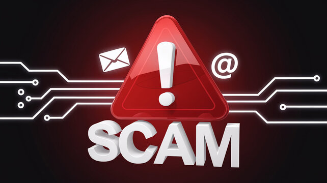 Red warning triangle with exclamation mark, email symbol and at sign, overlaid on circuit board, with "SCAM" in 3D white letters below, conveying online fraud alert