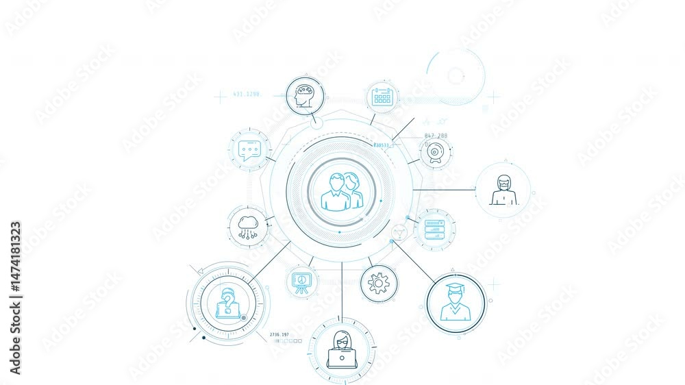 Wall mural infographics of teamwork and artificial intelligence in animated diagram.