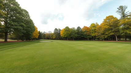 A picturesque autumn golf course fairway displays vibrant fall foliage and lush green grass under a partly cloudy sky.