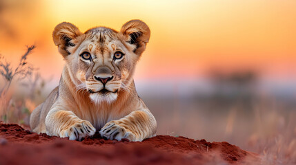 Naklejka premium A young lioness rests on reddish earth, gazing directly at the camera against a vibrant sunset