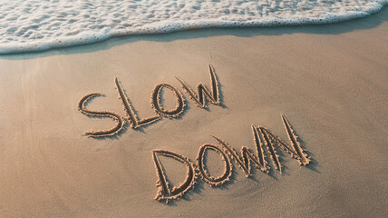Sand inscription "Slow Down" on beach, ocean wave above, suggesting relaxation and mindfulness, promoting calm and peace