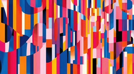 Colorful and geometric abstract composition with vertical and curved lines