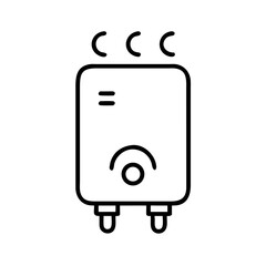 black and white icon of wall-mounted electric water heater with steam lines and temperature dial, minimal outline plumbing appliance, isolated vector symbol