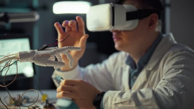 A researcher wearing virtual reality goggles interacts with a robotic hand in a lab. This cutting-edge experiment showcases advancements in technology and human-machine collaboration