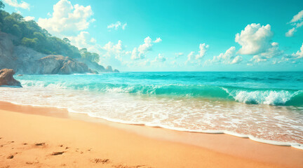 Fototapeta premium Serene coastal scene with soft waves and golden sand