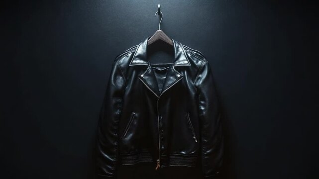 Sleek Black Leather Jacket Hanging on a Wooden Hanger Against a Dark Moody Background