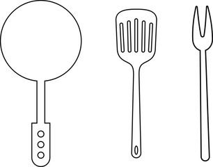 Frying pan grilling utensils kitchen spatula tool icon set vector collection isolated on transparent background. Silhouette symbol. Kitchen utensils for cooking food design for web and app.