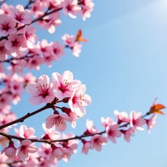 Soft pink cherry blossoms blooming in a clear blue sky, flower, season, background