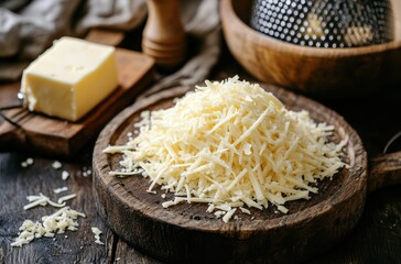 Freshly Grated Cheese on a Wooden Board with Butter and Kitchen Utensils in a Rustic Setting for Culinary Photography