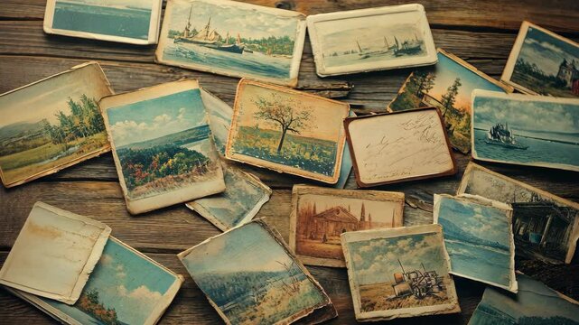 A collection of vintage postcards laid out on a wooden surface