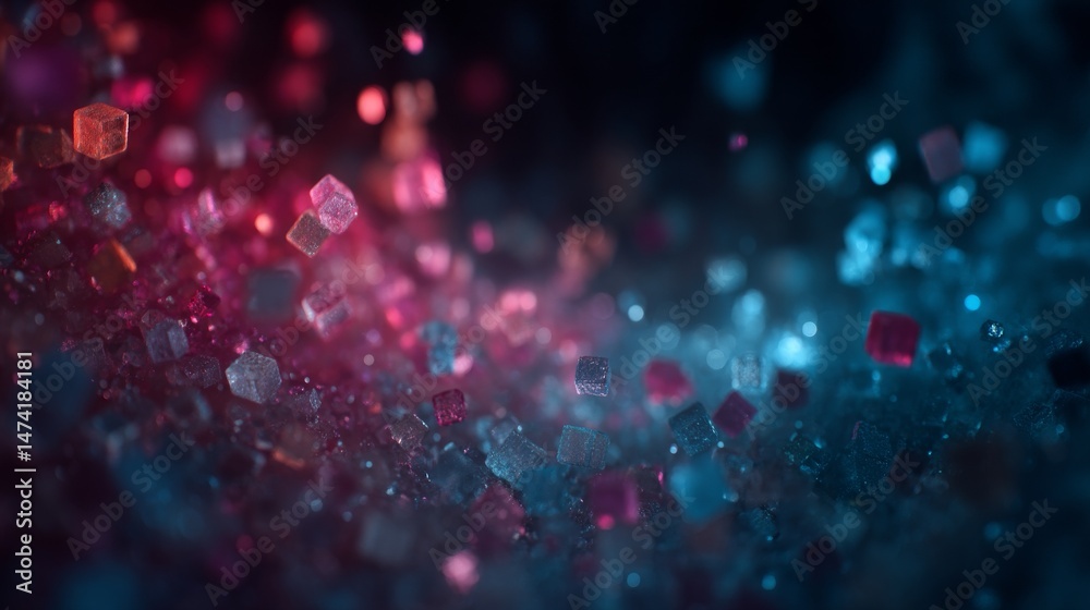 Poster in a futuristic virtual environment, an abstract digital data stream exhibits dynamic motion accompa