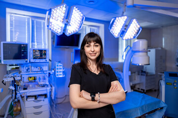 Doc in a futuristic OR. A confident healthcare professional stands in a high-tech operating room,...