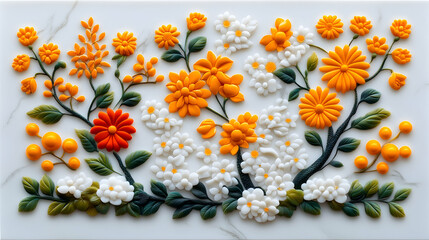 Fototapeta premium Intricate floral arrangement sculpted in vibrant orange and white blossoms, accented with green foliage and berries, set against a marble backdrop