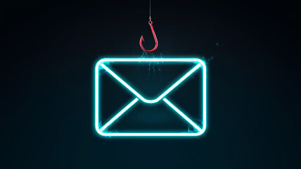 Neon email icon with a red fishing hook above, symbolizing phishing and online security risks Dark background, concept of internet threat