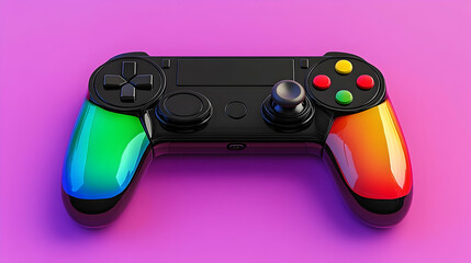 Sleek black gamepad with vibrant rainbow accents on a purple background