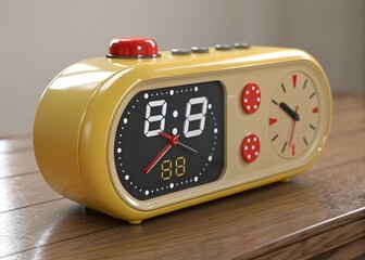 Close-Up of Retro Style Alarm Clock with Vintage Design Featuring Digital and Analog Display in Bold Yellow and Red Colors as a Classic Household Object Indoors