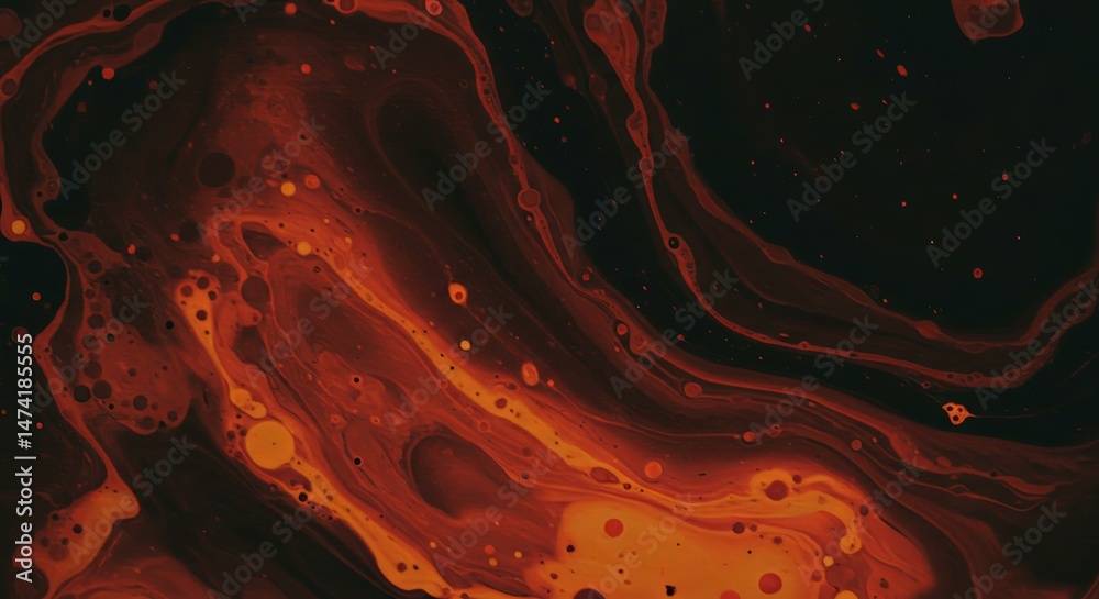 Poster a painting of a red and black swirl with many dots and splatters