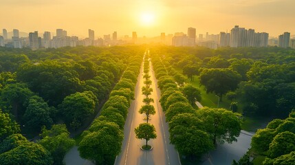 Urban park pathway stretching to a sunrise over the city.