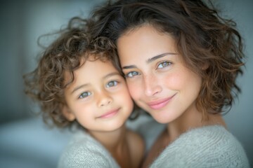A happy and affectionate mother and daughter are hugging in a portrait