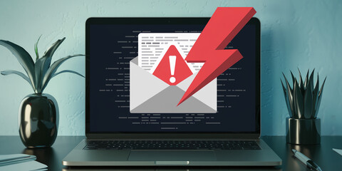 Laptop screen displays email alert with lightning bolt, symbolizing system error or warning. Illustrative image for tech support, cybersecurity, or website error concepts.